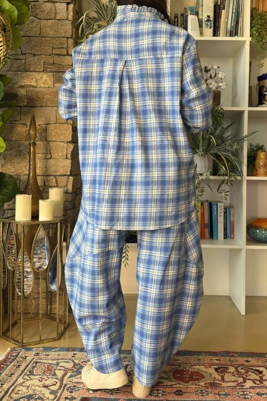 Patrick Plaid Brushed Cotton Edwardian Blouse Soft Cobalt